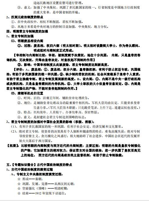 高中历史专题笔记之中国古代的中央集权制度,建议打印收藏!